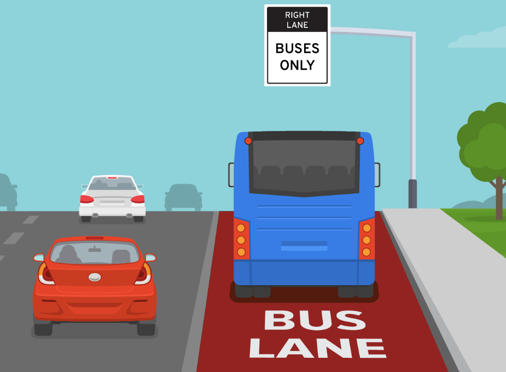 A cartoon rendering of a bus traveling in a red painted road traffic lane; "BUS LANE" is written on the read pavement and a "RIGHT LANE BUSES ONLY" street sign hangs above the street. 